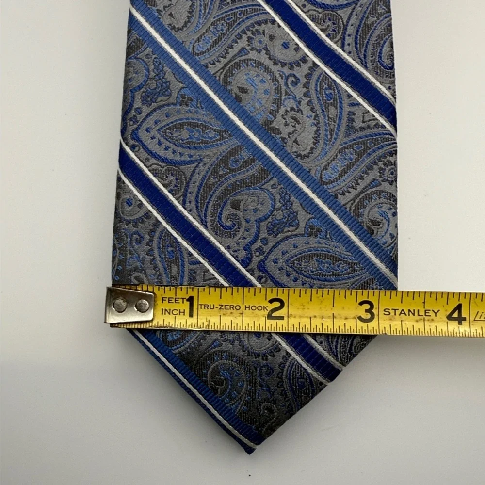 PRONTO UOMO Couture Silk Necktie LUXURY Silver Blue Striped Paisley